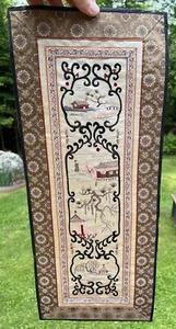 Vintage Hand Embroidered Chinese Silk Panel Textile Houses Woman 24.75” X 10.25” - Picture 1 of 24