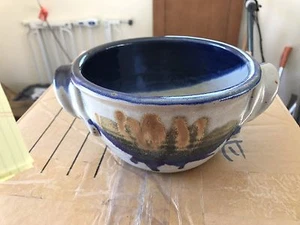 6.5" D x 3.5" T studio pottery AYERS planter/pot blues,streaky wonderful colors - Picture 1 of 6