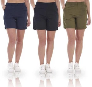 Ladies Knee Shorts Pure Cotton Poplin High Waist Casual Turn Up - Picture 1 of 23