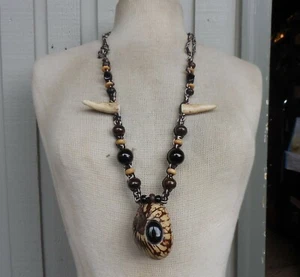 Tagua Secret Pipe Hemp Necklace w/ Onyx Inlay Stone Beads Antler Tips Adjustable - Picture 1 of 12