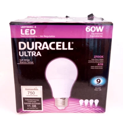4pk Duracell Ultra 60W Soft White 750 Lumens LED Bulb (2700k) - Energy Efficient - Image 1 of 4