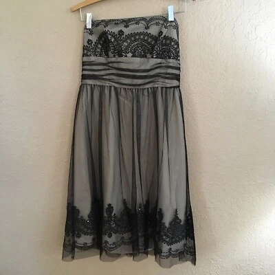 Vestido de novia David’s sin tirantes talla 8 beige negro transparente cuentas de tul lentejuelas imperio Foto 1 de 4