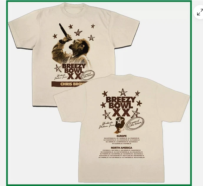 Camisa de Concierto Chris Brown 2025, Camisa Chris Brown Breezy Bowl XX Tour 2025. Foto 1 de 1