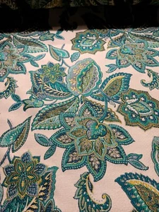Pretty Tapestry Remnant Upholstery Fabric 54” X 84” Aqua Cream Leaves Floral - Picture 1 of 8