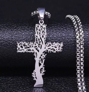 Collar Colgante Cruz Árbol de la Vida Acero Inoxidable Hombres Plata Cristiano Jesús - Imagen 1 de 5
