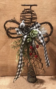 RUSTIKALER ZWEIG ENGEL BAUMAUFSATZ schwarz weiß kariertes Band - Bild 1 von 7