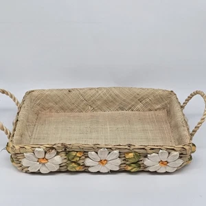 Vintage Woven Pyrex Casserole Basket Raffia Lined Wicker Straw Flowers - Picture 1 of 12