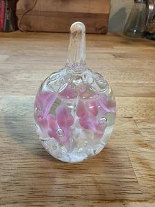 Vintage Joe Rice Art Glass Paperweight Ring Holder Pink Flowers 1997 - Picture 1 of 8