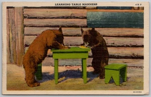 c1957 Bären lernen Tisch Manieren Postkarte Leinen Bridgton Maine ME Abbrechen - Bild 1 von 2