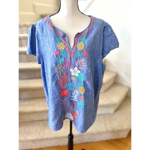 Talbots Blue Linen Cotton Pineapple Palm Leaf Embroidered Blouse - Picture 1 of 7