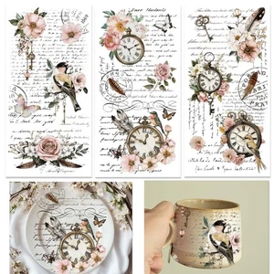 3 Sheet Vintage Floral, Bird, Clock & Feather Rub on Transfers for Crafts and... - Foto 1 di 8
