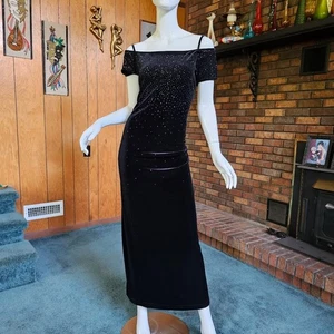 Vtg 90s Y2K Glitter Goth Black Velvet Stretch Prom Maxi Dress Evening Gown L/XL - Picture 1 of 9