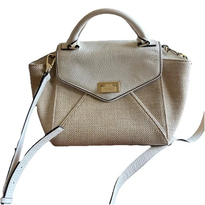 Bolso de Mano Kate Spade Blanco Cuero Borde Tostado Arpillera Med Cartera Johana Bloqueo Giratorio Foto 1 de 4