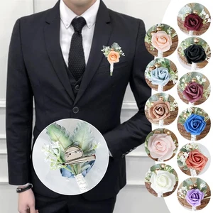 Artificial Flower Wedding Corsage Pin Groom Boutonniere Men Wedding Suit Brooch - Picture 1 of 21