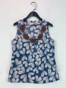 Boden Blue White Floral Sleeveless Top V Neck Embellished Beaded UK8 - Picture 1 of 7