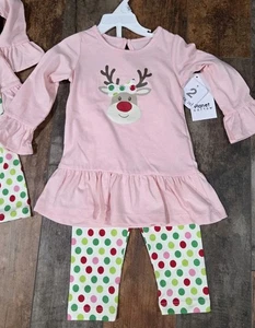 NUEVO CON ETIQUETAS Rosa, Rojo, Verde Vacaciones Reno Navidad Volantes Conjunto Niñas 12m - Imagen 1 de 3