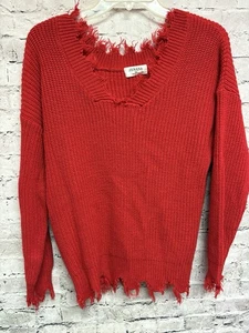 Zenana Damen Pullover rot Langarm V-Ausschnitt Strick Fransenausschnitt Gr. XS - Bild 1 von 3