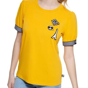 Karl Lagerfeld Paris NWOT Yellow Puff Sleeve Graphic Tee Striped Cuff Casual XS - Picture 1 of 8