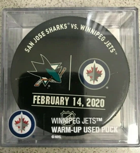 San Jose Sharks vs Winnipeg Jets Official Warm Up Puck Used - February 14/2020 - Bild 1 von 2