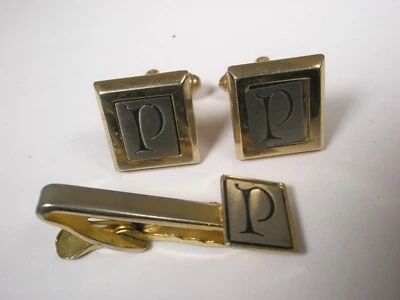 P Monogram Initial Letter Vintage HICKOK Cuff Links & Tie Bar Clip phil paul pet - Image 1 of 4