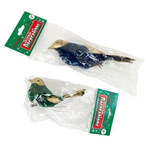 Vintage gesponnene Baumwolle Vogel Ornamente Set 2 grün echte Federn Draht Weihnachten - Bild 1 von 12