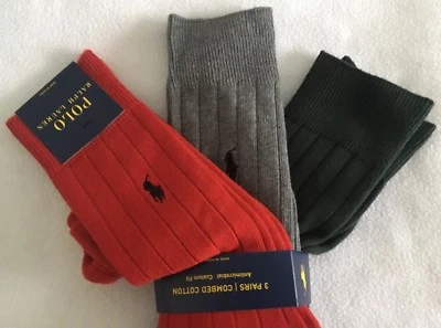 Calcetines Polo Ralph Lauren ~ Paquete de 3 ~ Carmesí/Gris/Verde ~ Ajuste Personalizado ~ Algodón Peinado ~ Nuevos con Etiquetas Foto 1 de 4
