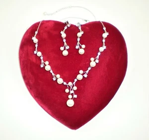 Freshwater White Pearl Necklace & Matching Earrings Sterling 925 CZ's Bridal Set - Picture 1 of 12