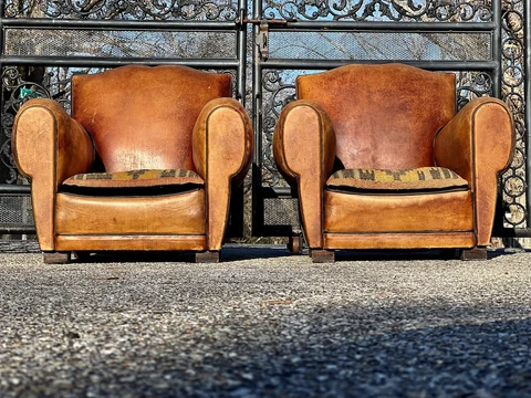 Pair of Original 1920s ￼French Leather Club Chairs Cover