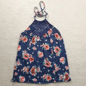 Vanity Blue Floral Top With Crochet Neckline Womens Medium - Picture 1 of 12
