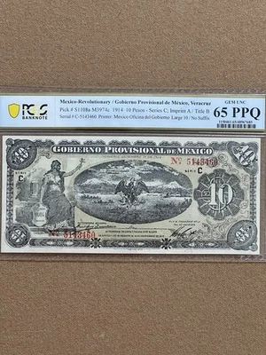 Mexico Top Pop 1914 Provisional 10 Pesos Note - Image 1 of 4