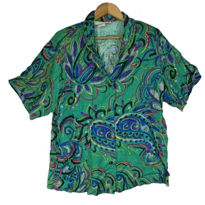 Vtg Shirt Womens 16 Green Short Sleeve Collared Grandma Rayon Floral Art to Wear - Picture 1 of 12