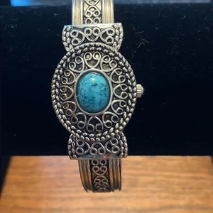 Avon Hidden Watch Cuff Bracelet Silver Tone Faux Turquoise works new battery - Picture 1 of 5