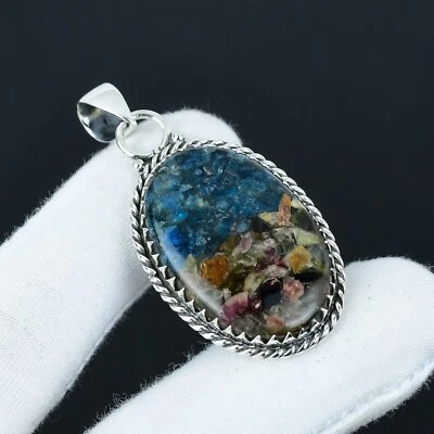 Naturale Rame Tormalina Gemma Ciondolo 925 Argento Sterling Artigianale Gioielli - Immagine 1 di 4