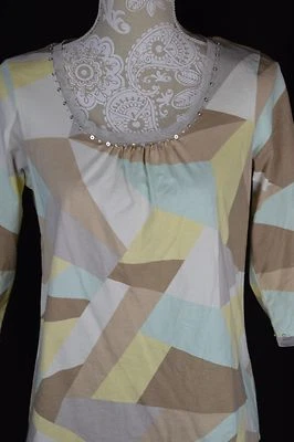 Camisa holgada Jh Collectibles para mujer mediana beige azul amarillo con cuentas 3/4 Foto 1 de 4