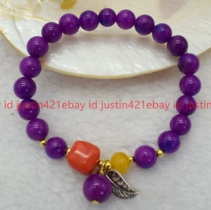 Beautiful 8mm Purple Sugilite & Orange Coral Gemstone Beads Bracelet 7.5" - Picture 1 of 12