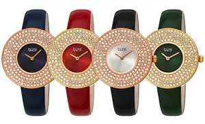 Women's Burgi BUR272 Quartz Swarovski Crystal Disc Genuine Leather Strap Watch - Picture 1 of 18