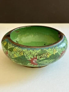 Vintage Antique Cloisonné Ashtray Green Enamel Brass Copper Flowers Chinese - Picture 1 of 19