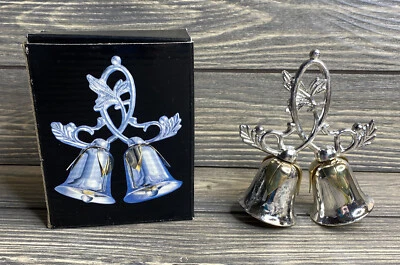 "Campana de mesa vintage chapada en plata hojas doradas con dos anillos 4""" Foto 1 de 4