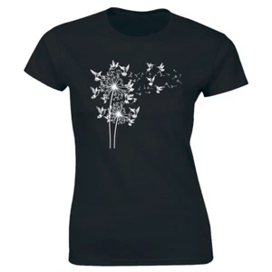 Hummingbird Dandelion Printed Black T-Shirt for Women Bird Lovers Tee Shirt - Picture 1 of 2