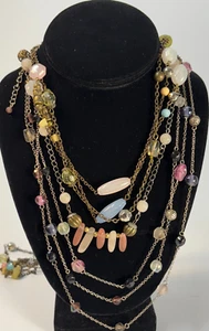 Beaded and Chain Necklace Lot in Pink Gold Green Beads and Stones - Picture 1 of 16