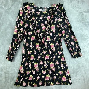 Zara Sandy Mini Dress Womens Large Black Pink Floral Ruffled Long Sleeve Trendy - Picture 1 of 13