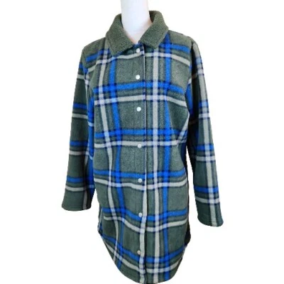Denim&Co Sherpa Chaqueta polar adherida para mujer Abrigo grande verde a cuadros con botones a presión Foto 1 de 4