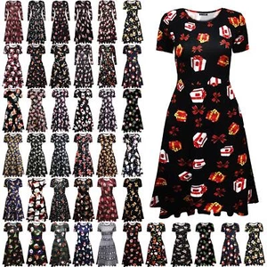 Womens Long Sleeve Christmas Printed Ladies Flared Xmas Midi Swing Skater Dress - Picture 1 of 19