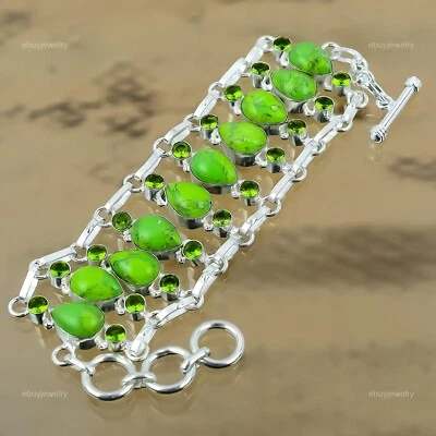 Gift For Her 925 Silver Natural Green Turquoise Chain Adjustable Bracelet - Image 1 of 4