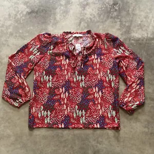 Loft Blouse Womens Medium Red Garden Textured Ruffle Tie Neck Top V Neck - Picture 1 of 12