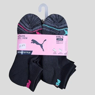 Calcetines PUMA Niñas 1/4 Crew Malla Ventilación Cojín 6 Pares Zapato Talla 4-9.5 Negro  Foto 1 de 4