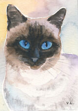 ACEO , original miniature watercolor painting by Veronica. Siamese Cat.