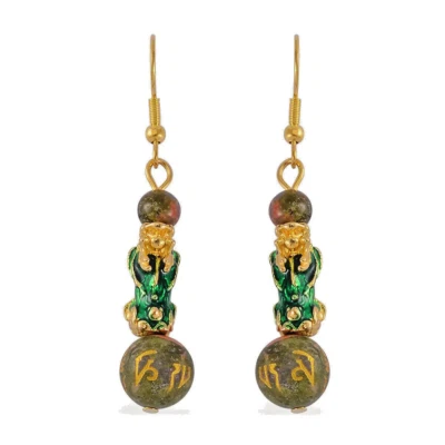 Feng Shui Unakite Beaded Pixiu Earrings in Goldtone 25.00 ctw - Image 1 of 4
