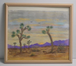 Vtg Joshua Tree National Park Art Drawing Framed Signed Colored Pencil Sunset - Picture 1 of 12