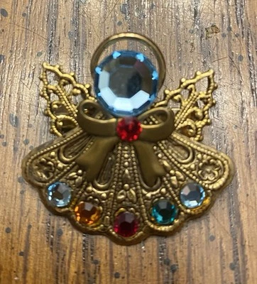 "Exquisito y único broche de ángel tono dorado de 1"" con piedras preciosas de imitación multicolores" Foto 1 de 4